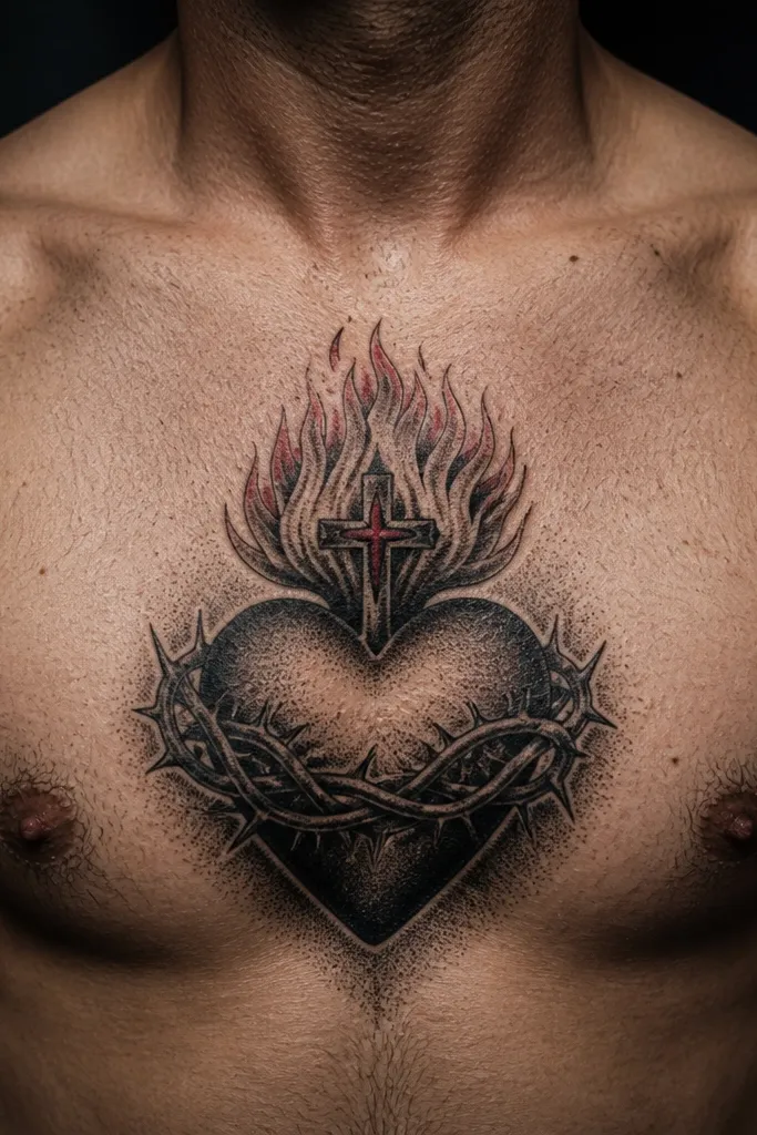 Sacred heart with dot shading, small red accents, and a simple black cross on the chest.