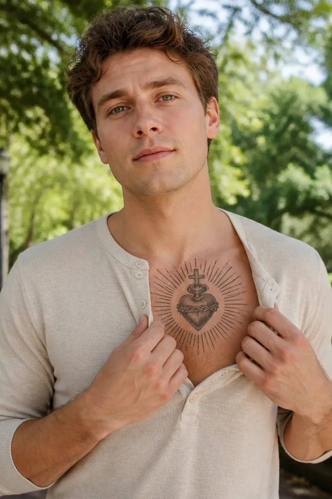 Red heart with rays like a sunburst and a thin line cross behind on the chest.