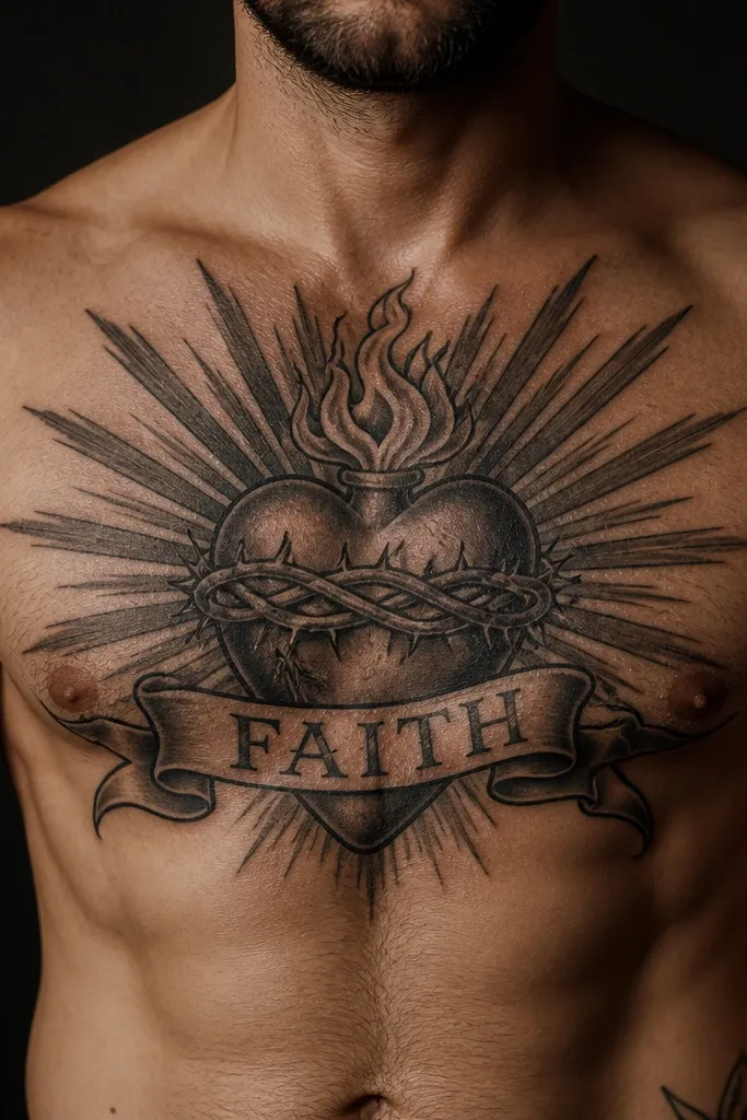 Sacred heart with a cross and a bold banner with readable script across the chest.