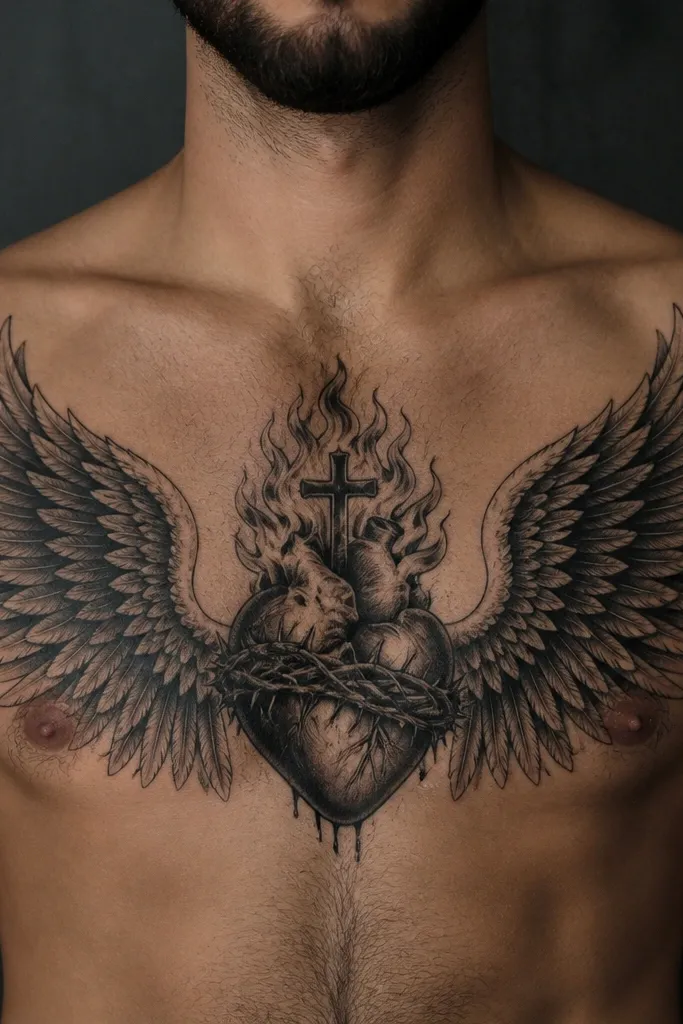 Sacred heart centered with symmetrical wing shapes extending left and right on the chest.