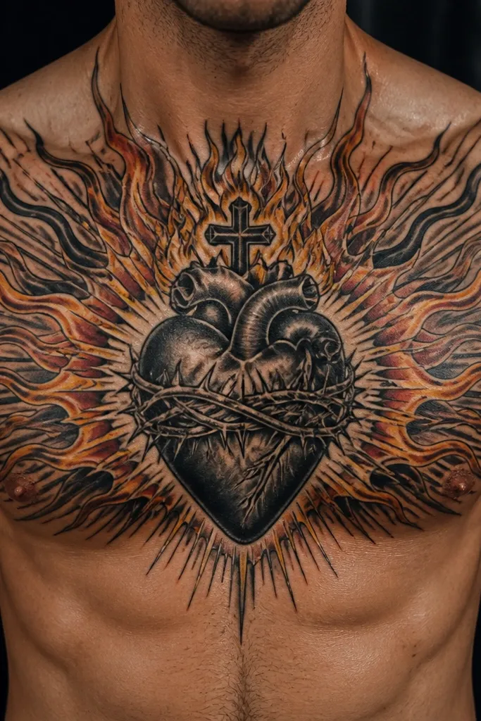 Red Sacred Heart with fiery orange-gold rays and a simple cross on the chest.