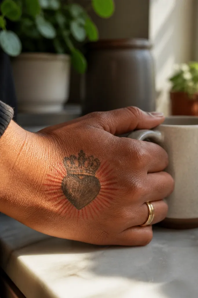 Sacred heart with a small crown above it and thin rays around the halo on the top of the hand