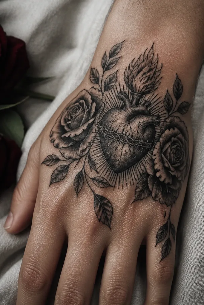 Blackwork sacred heart inside a rose outline with leaf details across the side of the hand