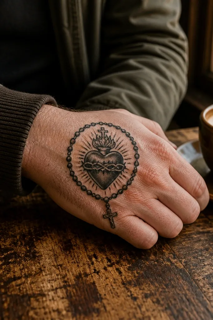 Sacred heart with a rosary loop curving around it on the thumb side of the hand