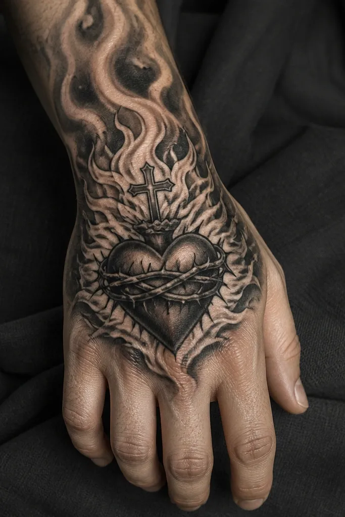 Sacred heart with flames at the bottom and smoky black shading extending outward