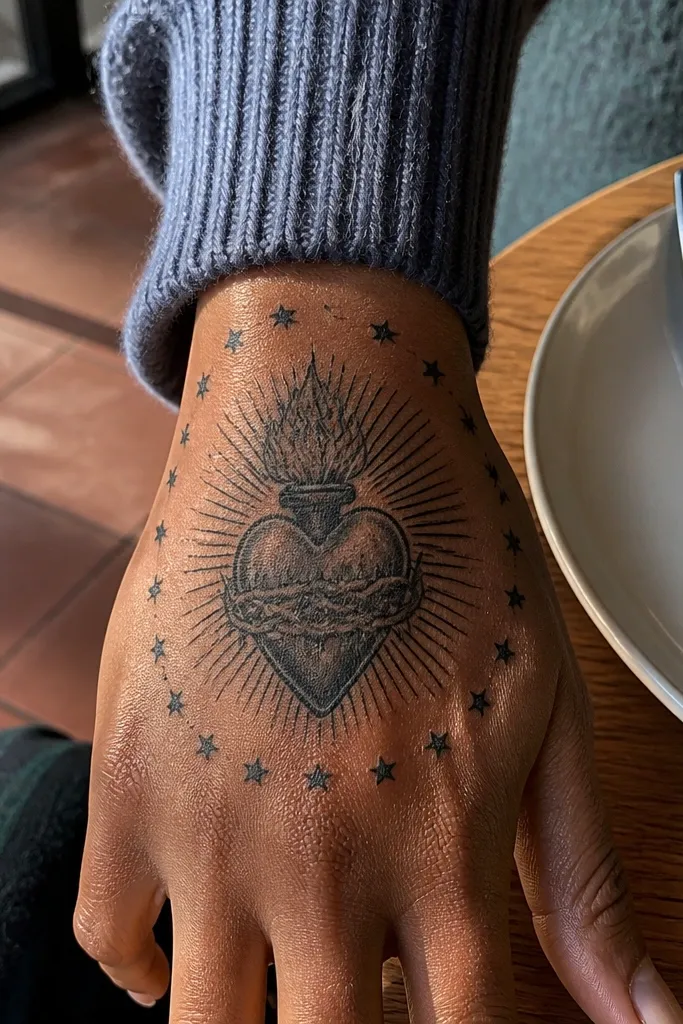 Sacred heart centered under a halo ring with small star dots around it on the top of the hand