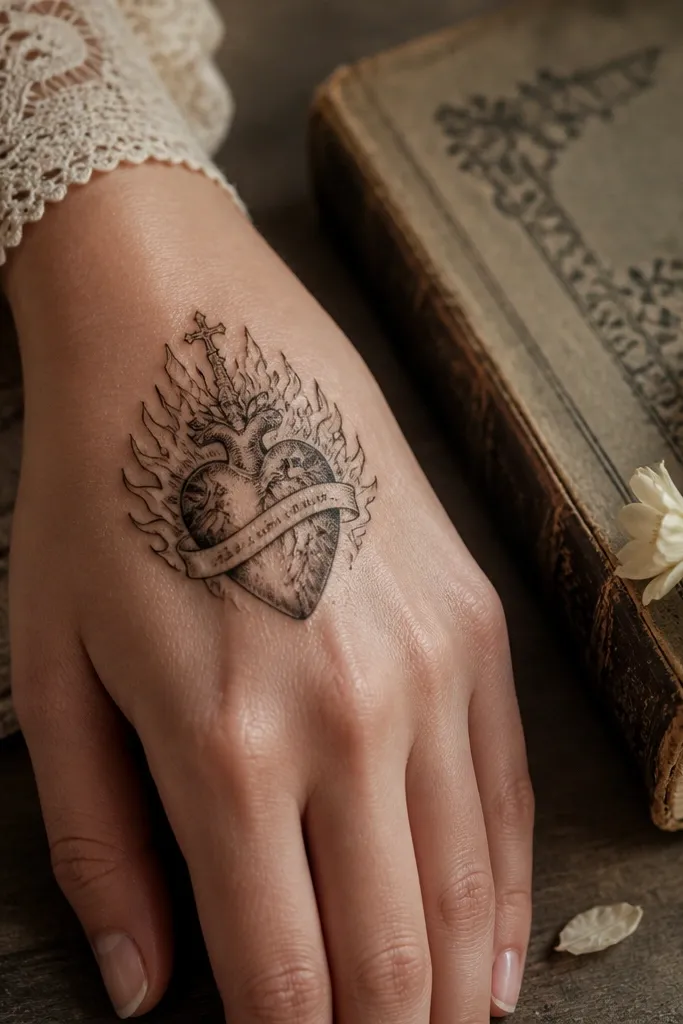Sacred heart with a ribbon banner wrapping below it and small script lines on the back of the hand