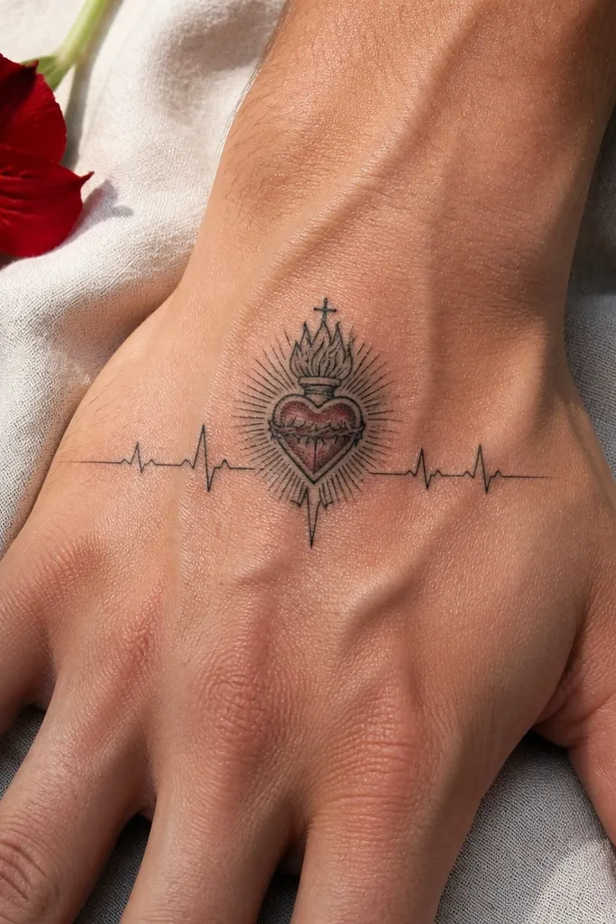 Sacred heart with a heartbeat line weaving under it on the side of the hand