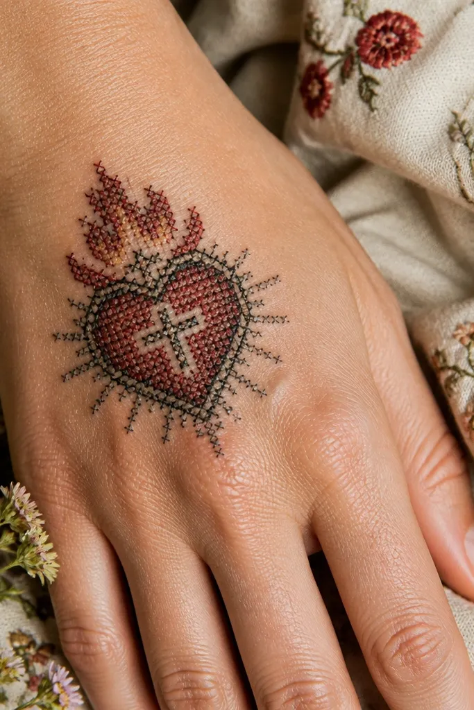 Sacred heart drawn like stitched embroidery with cross-style shading on the top of the hand