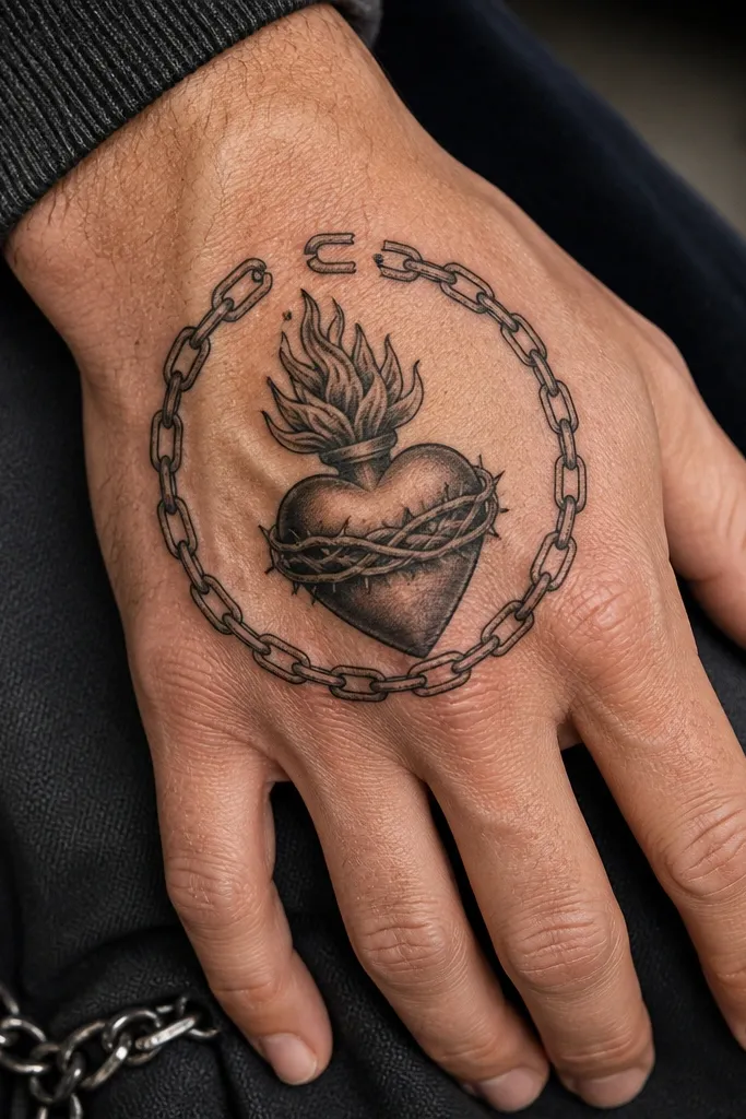 Sacred heart framed by a broken chain halo on the back of the hand with small highlights
