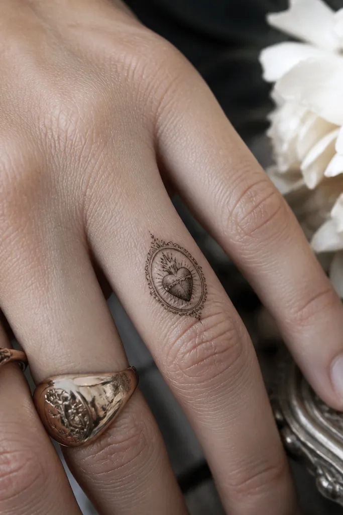 Small sacred heart medallion on the side of the index or ring finger with a tiny halo