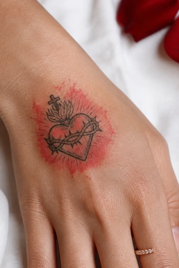 Sacred heart with a soft red watercolor halo wash around it on the back of the hand