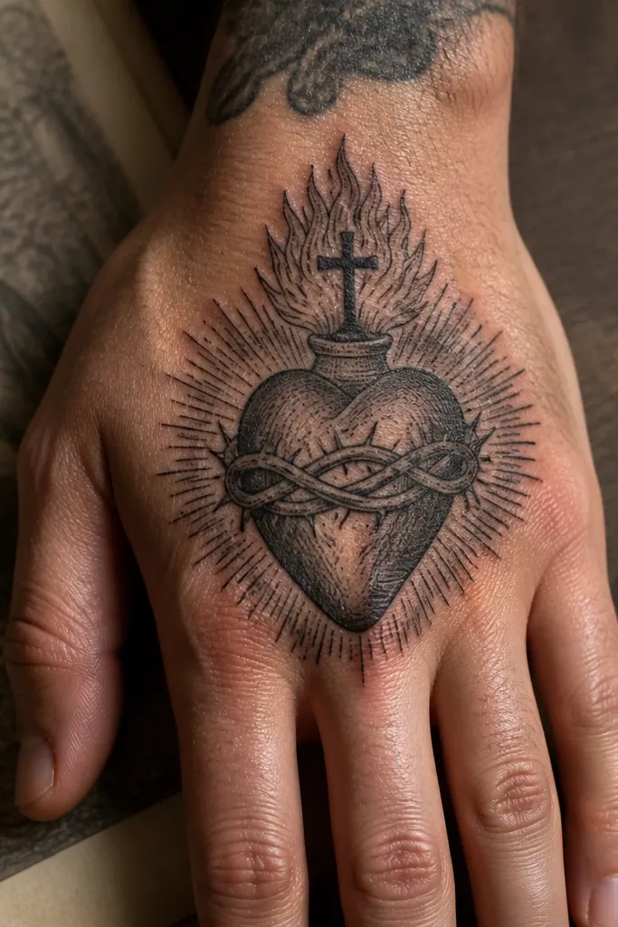 Sacred heart with engraved linework and small dot highlights on the outer hand