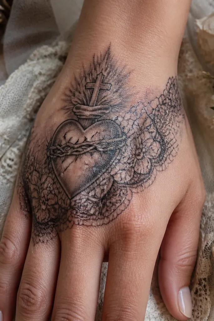 Sacred heart behind a lace-like veil pattern on the back of the hand