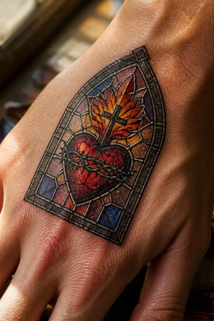 Sacred heart made of stained glass panels with black lead lines on the back of the hand