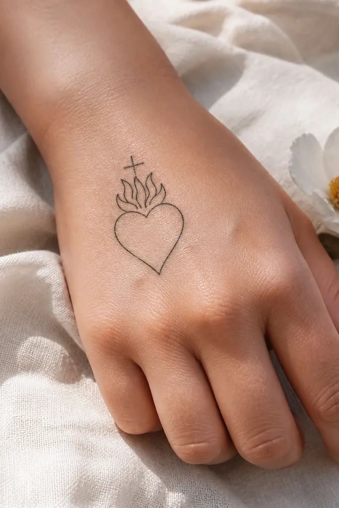 Minimal outline sacred heart with lots of skin showing, on the side of the hand