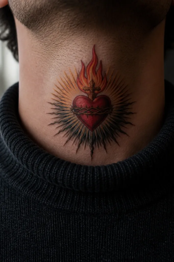 Centered red heart with halo ring on the front neck and black rays below.