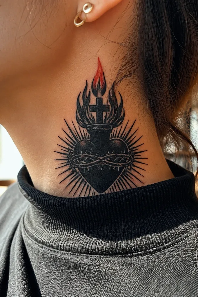 Black Sacred Heart on neck with one small red ember glow at the flame.