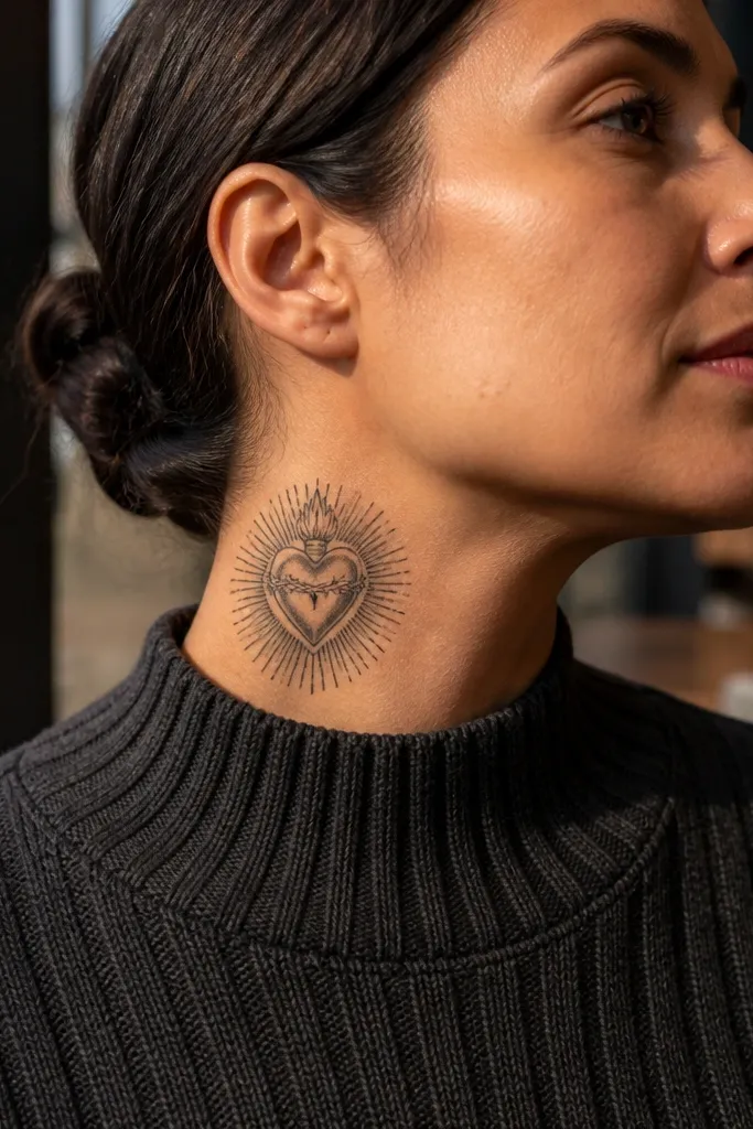 Fine-line heart with delicate rays on the side of the neck.