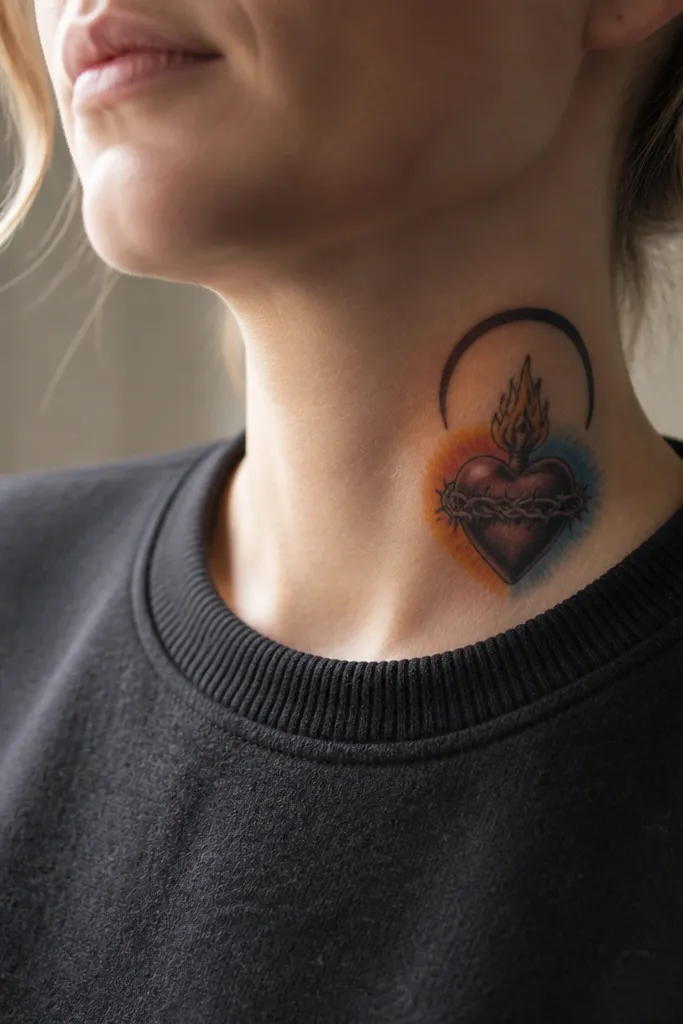 Heart with split red glow and a thin halo arc on the side of the neck.
