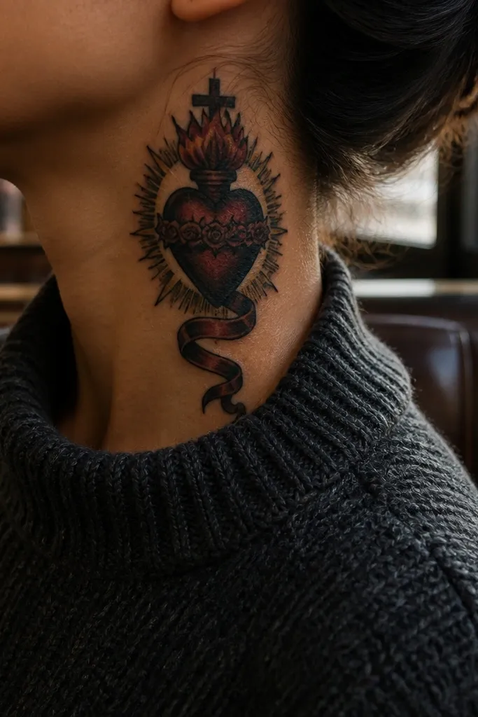 Sacred Heart with a ribbon banner tail curling below on the front neck.