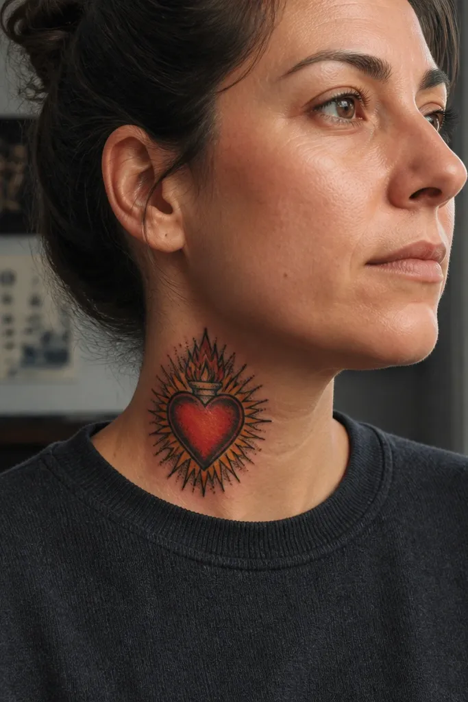 Traditional Sacred Heart with dotwork shading around the heart on the front neck.