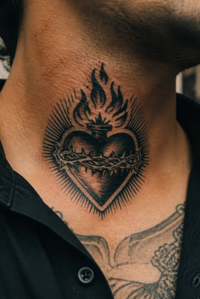 Sacred Heart with black flames outlined using negative space on the side neck.