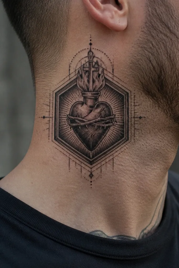 Geometric Sacred Heart with hexagon halo on the front neck.