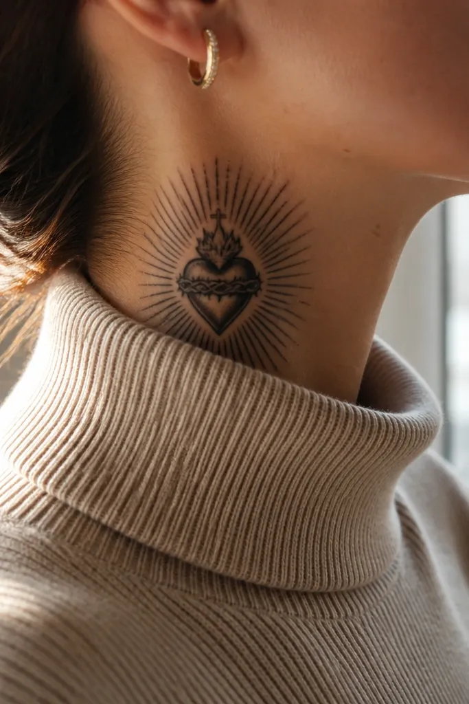 Sacred Heart with black rays that fade outward on the side neck.