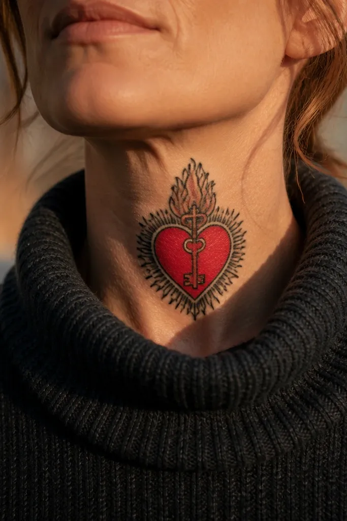 Sacred Heart with a small cross key overlay on the front neck.