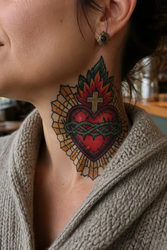 Sacred Heart with stained-glass style color blocks and black lead lines on neck.