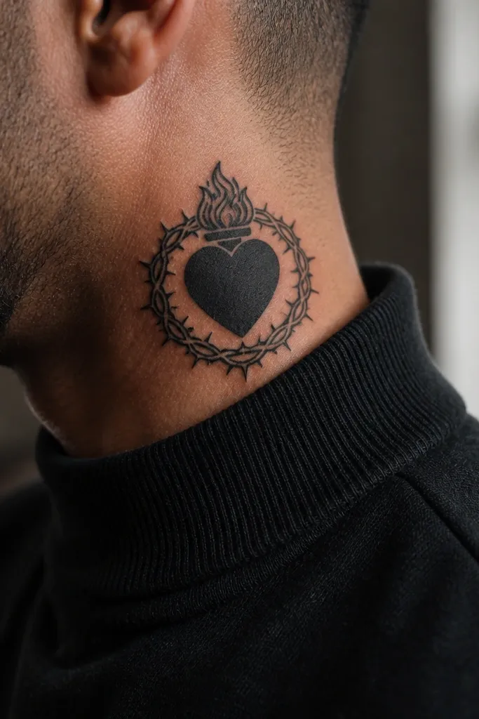 Sacred Heart framed by thorn crown on the side neck.