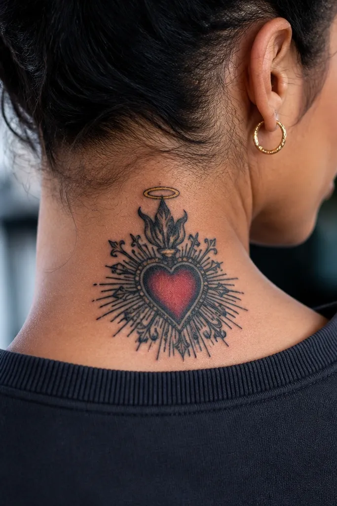 Sacred Heart with ornate curling rays and halo on the front neck.