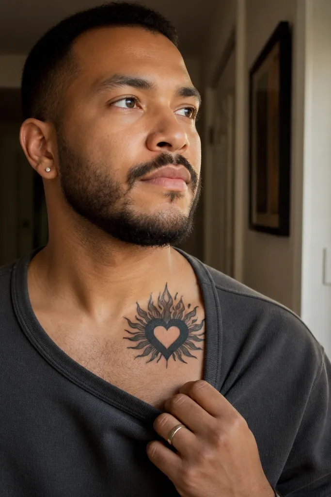Blackwork Sacred Heart with a flame burst extending outward on the side neck.