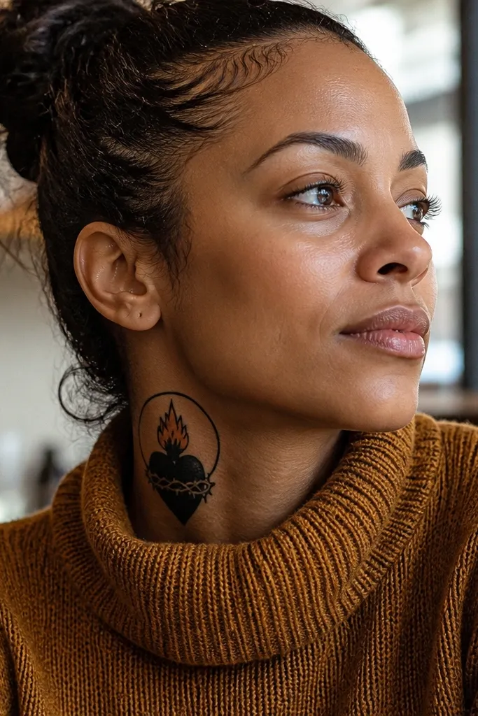 Minimal halo above a heavily filled Sacred Heart on the front neck.