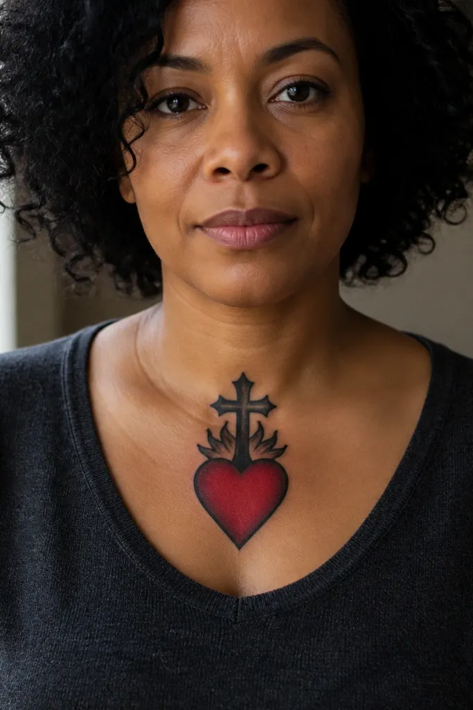 Sacred Heart with a gothic cross hanging above on the front neck.
