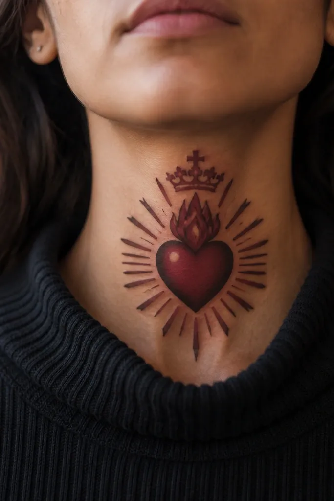 Sacred Heart with crowned halo and rays that look like cutout lines on neck.