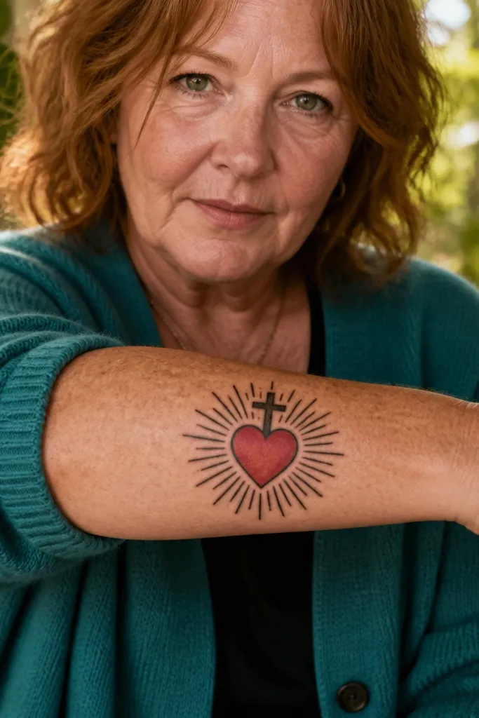 Red heart with a small cross above it, surrounded by straight rays and dark outline