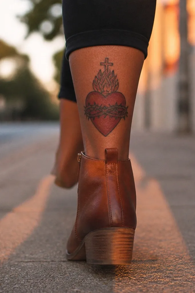 Sacred heart centered with a thorny band looping around it and a small cross above