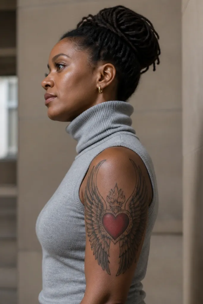 Sacred heart centered with monochrome angel wings spreading outward