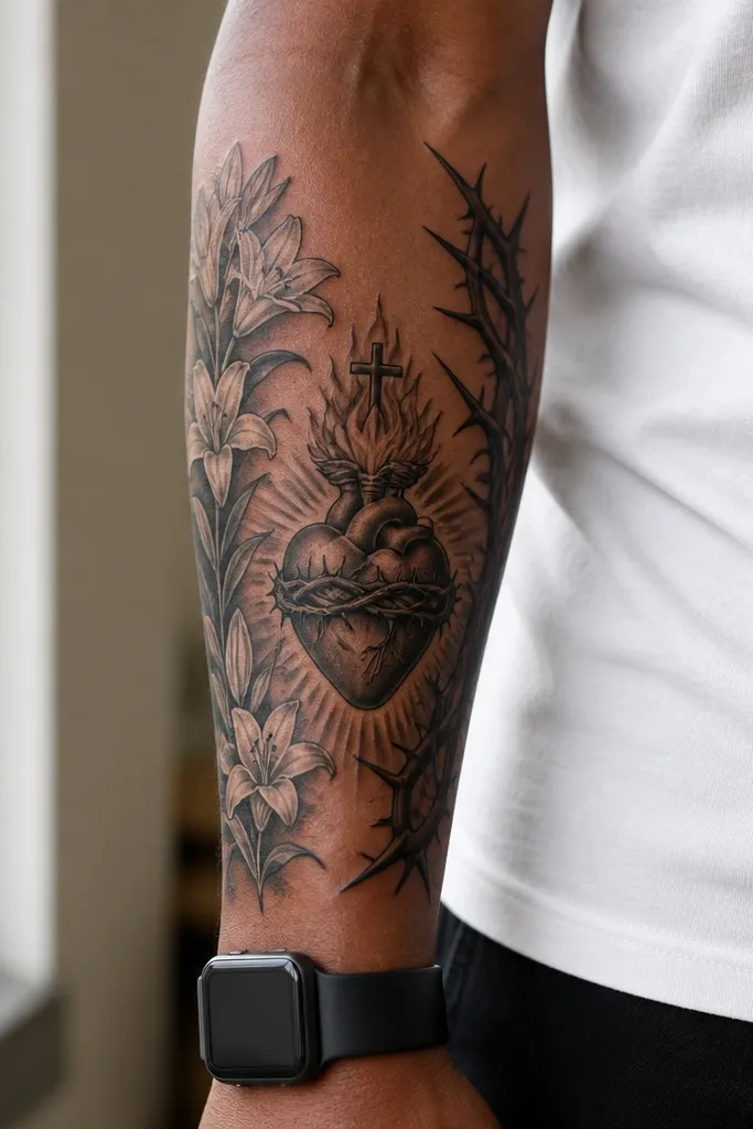 Sacred heart with lilies to one side and thorny vines to the other side