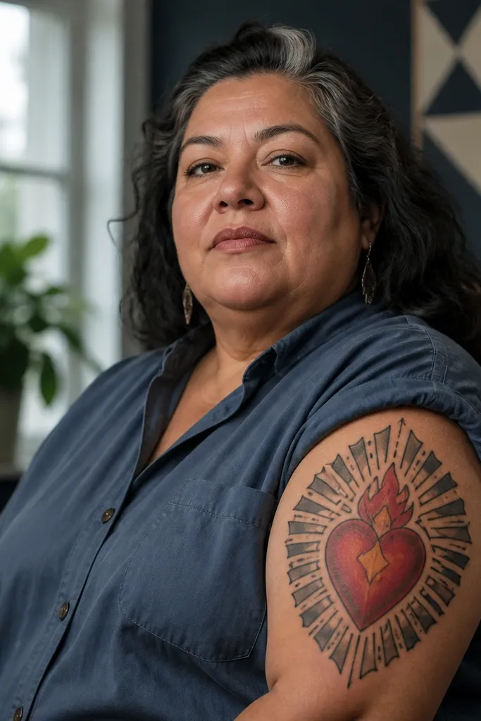 Sacred heart with crisp rays and a geometric triangle pattern behind it