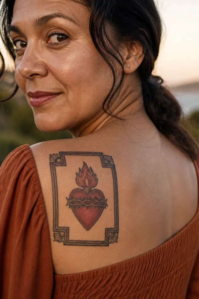 Sacred heart in the center with a patterned border like a devotional scapular