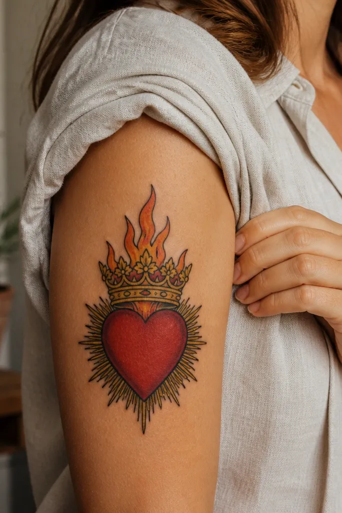 Red heart with gold crown and three flames above it, with thin rays around