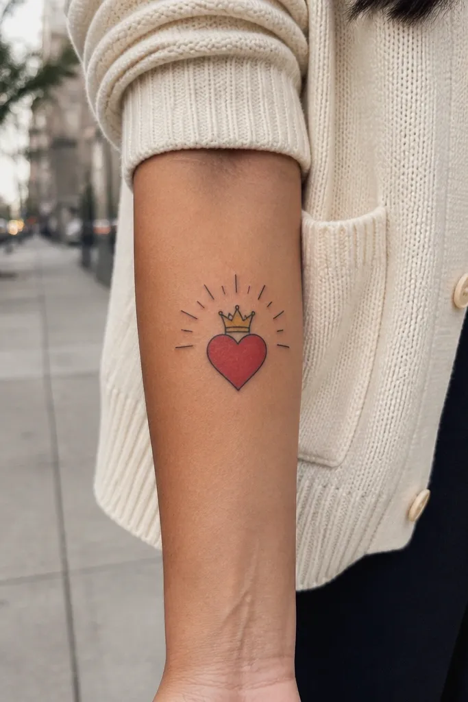 Small red heart with tiny crown and halo rays drawn in thin lines