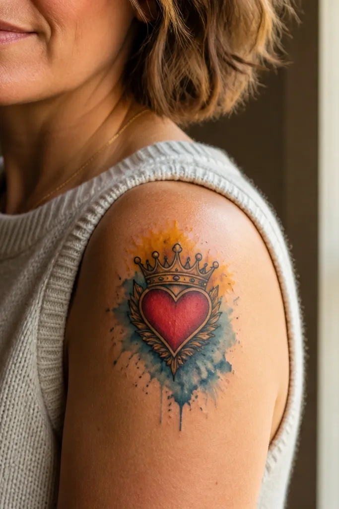 Red heart with crown in sharp lines, surrounded by soft blue and gold watercolor glow