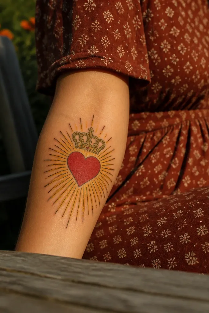 Heart with gold crown and sunburst rays extending outward in warm tones