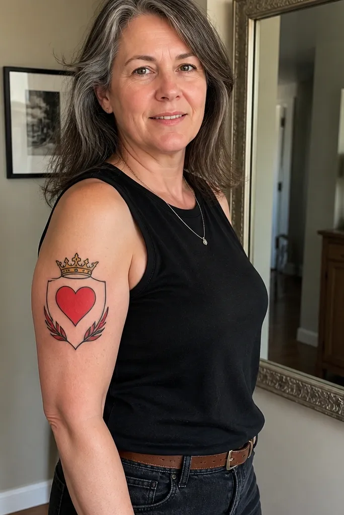 Heart inside a shield shape with a crown on top and two small flames