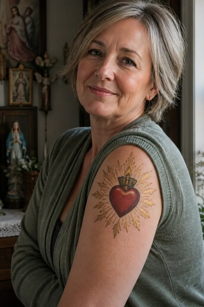 Red heart with gold crown and gold-leaf style rays radiating around