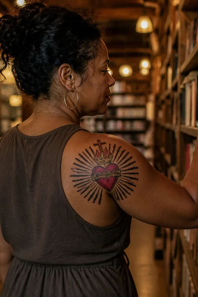 Heart with crown and a thin radiant cross behind it with simple rays